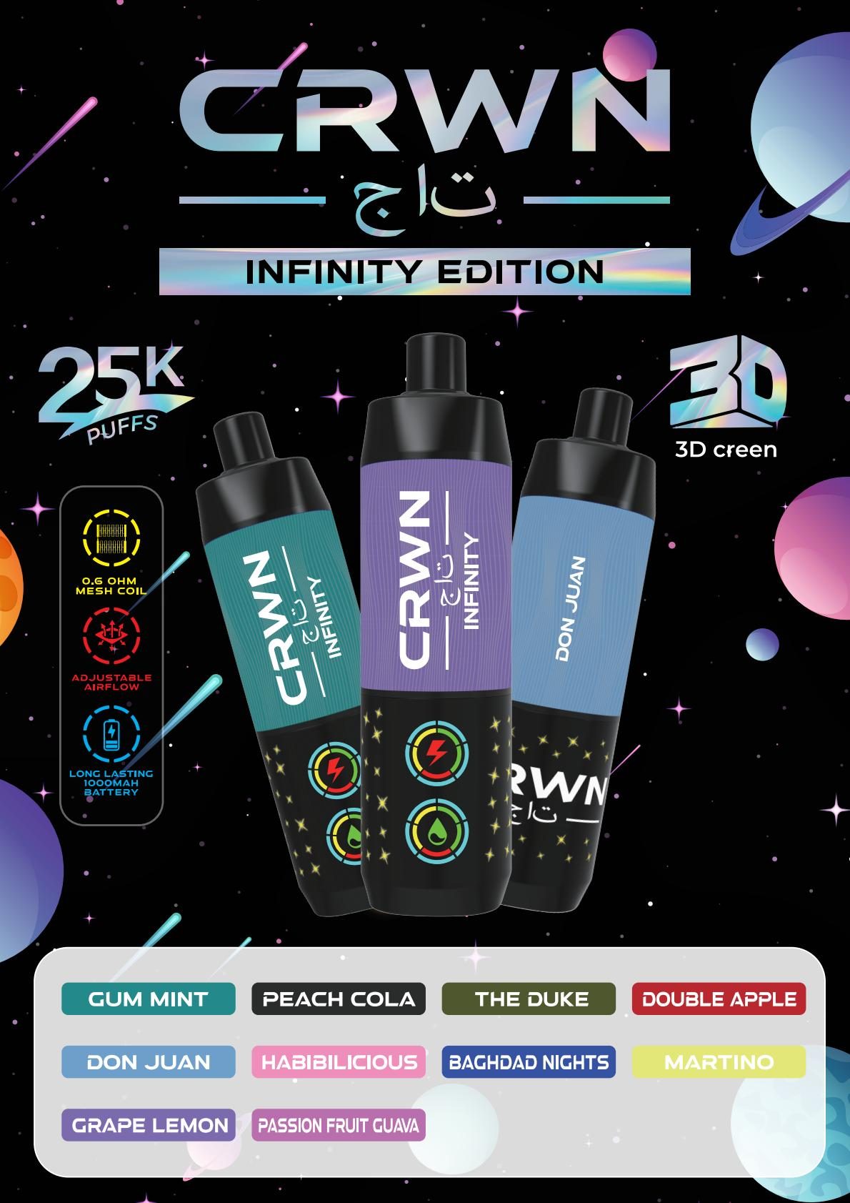 CRWN Infinity devices against a dark starfield poster