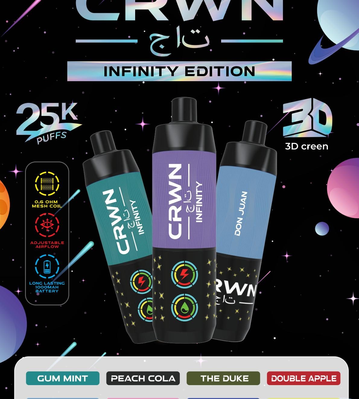 CRWN Infinity devices against a dark starfield poster