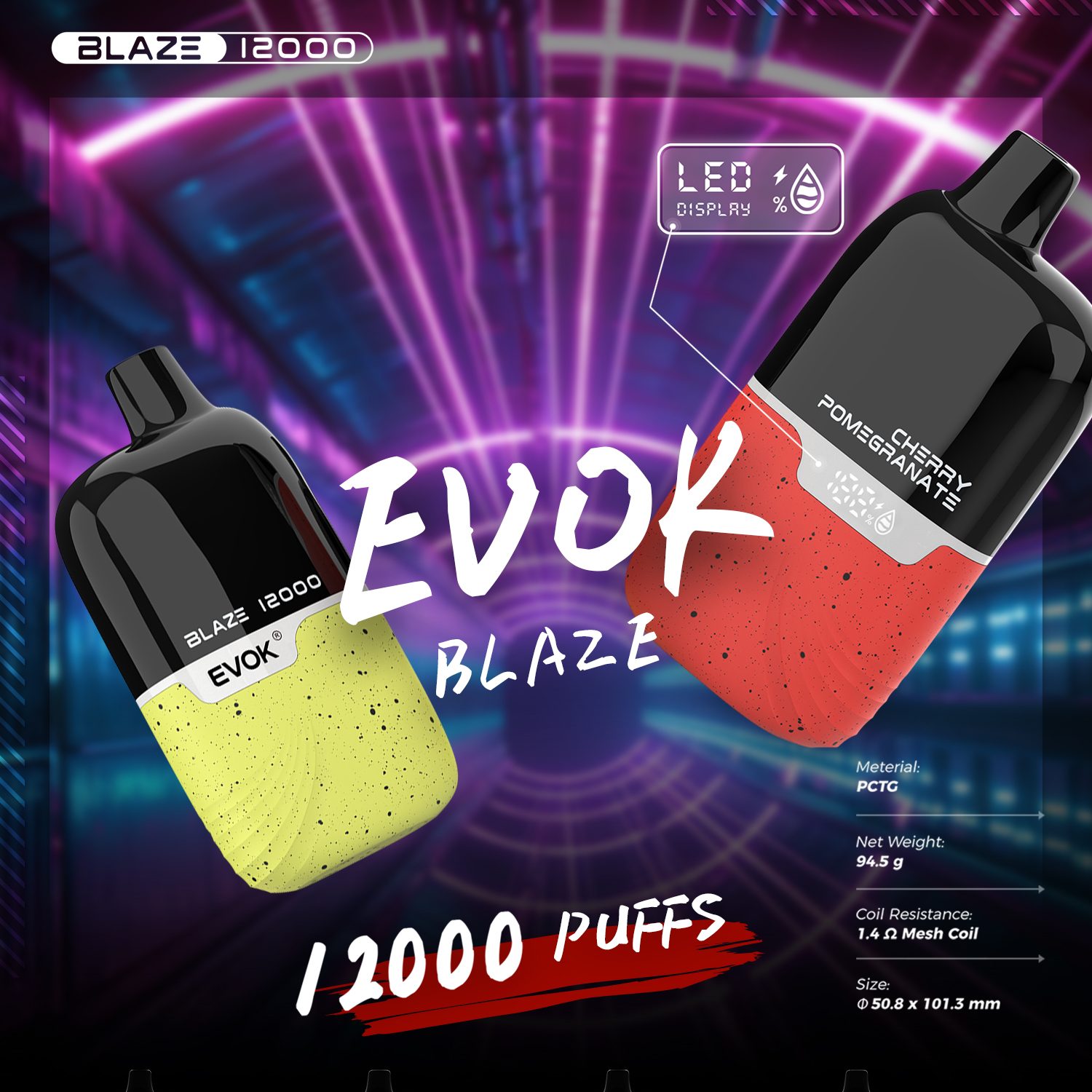 Two EVOK Blaze devices under a neon EVOK Blaze sign on a purple stage